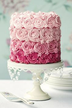 a close up of a cake on a plate with pink frosting and rosettes