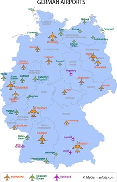 a map with all the major airports in germany and their names on it, including airplanes