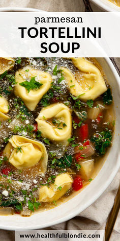 This quick and easy copycat Whole Foods parmesan kale tortellini soup recipe is packed with cheesy tortellini, fresh veggies, and a savory, rich broth. It's the ultimate comfort food, ready in under 30 minutes. It's my favorite soup! Kale And Tortellini Soup, Tortellini Kale Parmesan Soup, Kale Tortellini Soup, Tortellini Kale Soup, Healthy Soup Tortellini, Cheese Tortellini Soup Vegetarian, Tortellini Soup With Kale, Creamy Vegetarian Tortellini Soup, Kale Tortellini