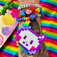 Clown Kandi Rainbow Bracelet Set Clowncore Accessories Clown - Etsy Perler Bead Patterns Clown, Clown Perler Beads, Clowncore Accessories, Clown Kandi, Kandi Cuff Patterns Clown, Clowncore Kandi Bracelets, Alt Crafts, Rainbow Road Kandi Cuff, Bead Things