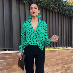 Zara Polka Dot Black Green Blouse Xs /Mn Flowy Lapel Blouse With Deep Neckline And Long Sleeves. Front Wrap Closure With Tie And Button. Polka Dot Long Sleeve Blouse For Work, Polka Dot Blouse For Office In Fall, Trendy Long Sleeve Polka Dot Blouse, Chic Polka Dot Blouse For Workwear, Elegant Polka Dot Blouse For Work, Long Sleeve Polka Dot Blouse For Summer, Casual Polka Dot V-neck Blouse, Chic Polka Dot Tops For Work, Polka Dot Long Sleeve Tops For Workwear