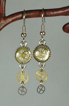 Domed Steampunk Earrings Watch Gears, Steampunk Earrings, Antique Watches, Silver Plate, Gold Plate, Pendant Necklace, Drop Earrings, Pendant, Silver