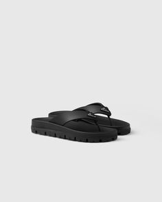 Black Rubber Thong Sandals | PRADA Travel Accessories Men, Prada Flip Flops, Prada Sandals, Rubber Sandals, Mens Travel Bag, Leather Heels Sandals, Leather Platform Sandals, Airport Fashion, Triangle Logo