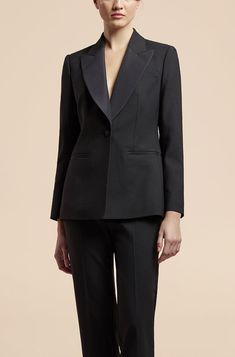 The beauty of this faille-trimmed twill tuxedo jacket lies in its subtly feminine, curvilinear shape. Pair it with its matching Tuxedo Trouser or Tuxedo Jumpsuit. Tuxedo Jumpsuit, Tuxedo Blazer, Tuxedo Jacket, Blazer Black, Rebecca Taylor, Black Blazers, Wide Leg Jumpsuit, Black Jumpsuit, The Beauty