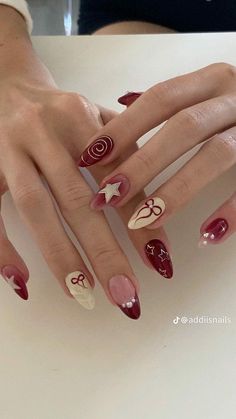 Dark Red Summer Nails, Nails Mom, Paznokcie Hello Kitty, Bday Nails, Kutek Disney, Hello Nails, Hippie Nails, Nagel Tips, Grunge Nails