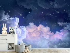 a room with clouds and stars in the sky