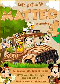 mickey mouse and friends birthday party poster with the theme of disney world's animal kingdom