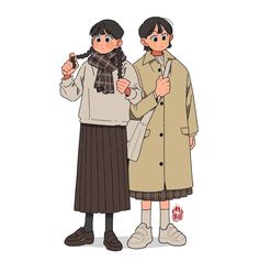 two people standing next to each other wearing coats