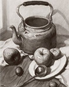 a drawing of apples and a teapot on a table with chopsticks next to it