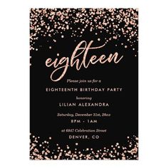 an elegant black and pink birthday party with confetti on the front, gold foil lettering