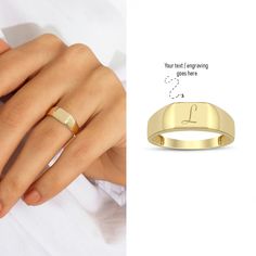 14k Gold Bold Initial Ring is the last piece to complete your classy daily style. Just imagine your first letter stamp on it to make it more unique and special for you. One letter or number combination can be stamped on the ring if you want. Please note your personalization during checkout. 14k Gold Stick Band Engravable Ring is also avaliable: https://www.etsy.com/listing/1353343274/ 14k Gold Wide Band Engravable Ring is also avaliable: https://www.etsy.com/listing/1351788904/ 14k Gold Hexagon Letter Stamp, Minimal Ring, Gift For Bridesmaids, Engraved Ring, Jewellery Marketing, Letter Stamps, Personalized Ring, Initial Ring, Jewelry Christmas