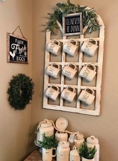 there is a coffee mug rack on the wall