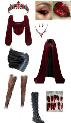 a collage of different outfits and accessories including stockings, boots, necklaces, lipstick