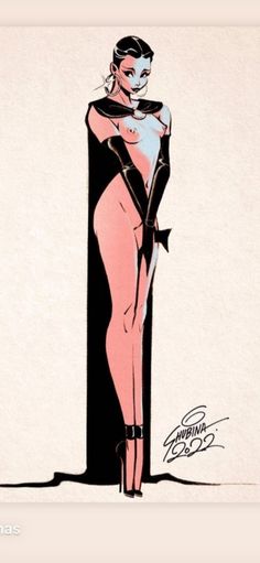 a drawing of a woman in a black and pink outfit standing next to a wall