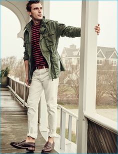 Clément Chabernaud channels a military ease in J.Crew's mechanic field jacket, white 770 jeans, Ludlow penny loafers and Saint James for J.Crew unisex Meridien II nautical t-shirt. Cool Jackets For Men, Mechanics Jacket, M65 Field Jacket, J Crew Style, Mens Fashion Rugged, J Crew Men, Saint James, Golden Retrievers, Field Jacket