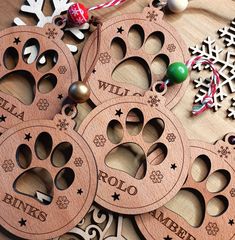 several wooden ornaments are arranged on a table