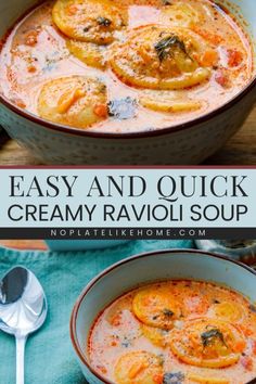 Here's a quick and easy creamy ravioli soup recipe that's perfect for your list of warm dinner ideas! It's the best cheese ravioli soup recipe that has a delightful tomato-based broth and is seasoned to perfection. Add this hearty soup to your best comfort food recipe! Cheese Ravioli Soup, Warm Dinner Ideas, Creamy Ravioli Soup, Ravioli Soup Recipe, Creamy Ravioli, Hearty Vegetarian Soup, Ravioli Soup, Easy Homemade Soups, Easy Recipes For Beginners