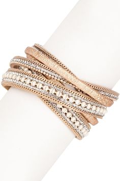 - Metallic faux leather studded wrap bracelet Trendy Gold Wrap Bracelet, Adjustable Metal Wrap Bracelet For Party, Leather Bracelets Women, Double Wrap Bracelet, Leather Bracelets, Everyday Accessories, Sparkling Crystal, Magnetic Clasp, Dresses Casual