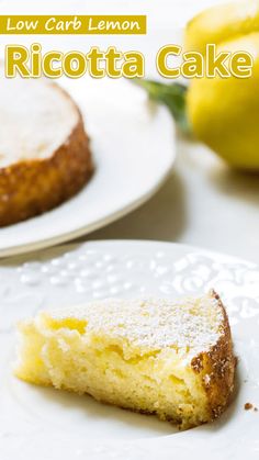 a slice of ricotta cake on a white plate with lemons in the background