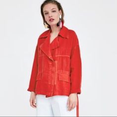 Linen Jacket With Utility Pockets And Optional Waist Tie. There Is A Zipper. The Color Zara Calls “Light Red” But Is More A Tomato Orangey Red. Really Great Piece The Way It Hangs On The Body. Just Needs To Be Steamed. Red Long-sleeve Outerwear For Fall, Red Long Sleeve Outerwear With Pockets, Summer Long Sleeve Outerwear With Pockets, Oversized Red Outerwear For Spring, Red Oversized Outerwear For Spring, Trendy Oversized Red Outerwear, Red Oversized Outerwear For Fall, Red Oversized Outerwear With Pockets, Oversized Red Outerwear With Pockets