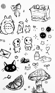 an ink drawing of various items and animals