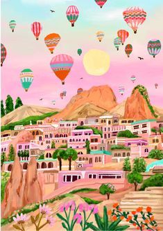 a painting of hot air balloons flying in the sky over a city with mountains and flowers