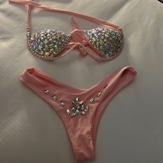 Brand New Powder Pink Rhinestone Bikini Set Size Large Bathing Suit Designs, Ruched Tankini, One Piece Swimsuit White, Pink Swim, Black Tankini, Green Swimsuit, Black One Piece Swimsuit, Black One Piece, Womens Tie