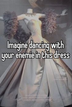 a woman in a ball gown with her arms spread out and the words imagine dancing with your