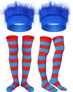 PRICES MAY VARY. You will receive: the package comes with 2 pieces blue plush hairy headbands and 2 pairs of blue and red striped socks, you can wear them to costume parties, this funny and proper combination set can basically show your chic personal taste Size and dimension: this striped socks can fit most teens and adults, suitable for people at or over the age of 14; The width of this blue hairy headband measures approx. 5.5 cm/ 2.2 inches, the circumference is around 56 cm/ 22 inches and the Blue Wig Costume, Thing 1 And Thing 2, Wig Costume, Matching Costumes, Hair Headband, Blue Wig, Red Headband, Halloween Costume Accessories, Crazy Socks