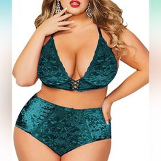 Never Worn. Plus Size. Green Crushed Velvet Crisscross Lingerie Set. 4x. 22/24. Velvet Lingerie, High Waist Panty, Halter Bralette, Bra And Panty Sets, Plus Size Lingerie, Crushed Velvet, Lace Bralette, Set For Women, Lingerie Set