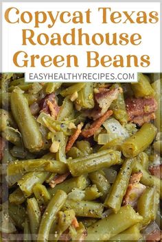 green beans with bacon and other toppings in a white bowl