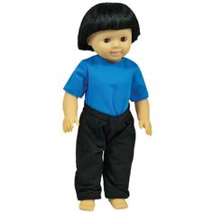 a doll with black hair wearing blue shirt and black pants, standing in front of a white background