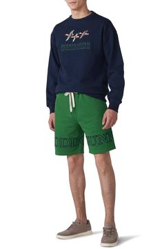 Bring town-and-country comfort to your casual wardrobe with this cozy crewneck sweatshirt featuring an embroidered mallard logo graphic spanning the chest. Crewneck 100% cotton Machine wash, line dry Imported Casual Crew Sweats With Embroidered Logo, Embroidered Crewneck, Online Mens Clothing, Mallard, Sweat Shorts, Gym Shorts, Premium Brands, Logo Graphic, Online Branding