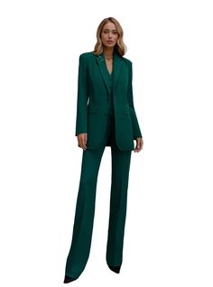 Three-piece pantsuit for women: straight leg pants with high rise, buttoned vest and lined blazer Please note suit measurements  Pants length inseam is 36 inches or 91 cm Sleeve length 24 inches or 61 cm Our Women's Blazer Trouser Suit for office, business meetings, formal events and special occasions. Always trendy, classic and o good looking DETAILS -  straight leg pants -  high rise -  blazer is buttoned -  lined -  side pockets -  relaxed fit -  single breasted -  buttoned vest MATERIAL Prem Elegant Green Pantsuit For Semi-formal Occasions, Dark Green Suit Women, Green Notch Lapel Pantsuit For Business, Green Tailored Pantsuit With Notch Lapel, Green Single-breasted Workwear Sets, Green Single-breasted Work Sets, Emerald Green Suit For Women, Emerald Green Pantsuit, Emerald Green Suits