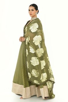 Olive green lehenga with golden petite patterns. Comes with sequin embroidered blouse and floral woven pattern frill bordered dupatta. - Aza Fashions Olive Green Lehenga, Green Lehenga, Woven Pattern, Embroidered Blouse, Aza Fashion, No Frills, Lehenga, Olive Green, Sequin