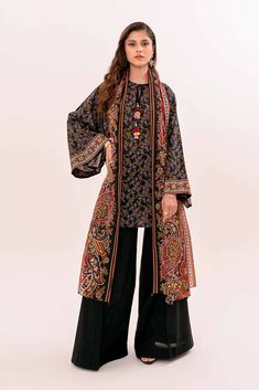 Nishat Linen 42302159 Eid Rung Freedom To Buy Collection Cotton Sets With Printed Motifs For Fall, Black Long Sleeve Sets With All Over Print, Multicolor Paisley Print Sets For Spring, Black Linen Suit, Pakistani Winter Dresses, Nishat Linen, Suits Online Shopping, Pakistani Lawn Suits, Luxury Winter