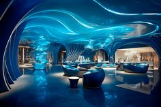 an artisticly designed lobby with blue lighting