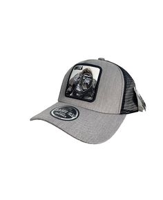 the gorilla trucker hat is grey and black