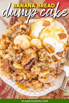 banana bread dumpp cake on a plate with ice cream and pecans in the background