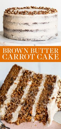 a slice of carrot cake with white frosting and walnuts on top, sitting next to the rest of the cake