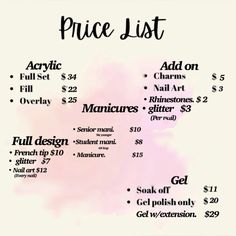 Please use my price list im a nail tech I do nails professionally please use it Prices For Nails, Nail Tech Rules For Clients, Nail Tech Needs List, Nail Pricing List, Beginner Nail Tech Tips, Nail Tech Supply Checklist, Nail Prices For Beginners, Nail Supply List, Beginner Nail Tech Prices