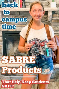 a girl is holding some school supplies in front of a fireplace with the caption back to campus time