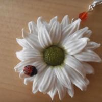 a ladybug sitting on top of a white flower with a red bead