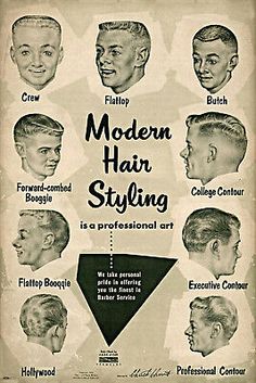 Caption: Modern Hair Styling is a Professional art. Barber Haircut Styles, Vintage Mens Haircuts, 1950s Mens Hairstyles, Poster Styles, Mid Hairstyles, Greaser Hair, Retro Haircut, Mens Modern Hairstyles, Barber Style