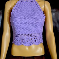 Handmade Crochet Halter Crop Top Lavender Purple Purple Crochet Lace Top For Spring, Fitted Purple Crochet Top For Spring, Purple Crochet Lace Top For Summer, Fitted Purple Crochet Lace Top, Purple Crochet Tops For Spring, Spring Purple Crochet Tops, Lavender Purple Color, Handmade Tops, Crochet Halter Top