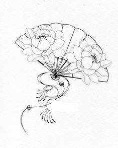 a black and white drawing of a bird holding flowers in its beak with a fan on it's head