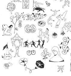 a drawing of various people and animals in black and white