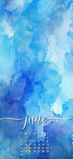 a blue and white watercolor background with the word june written in cursive writing