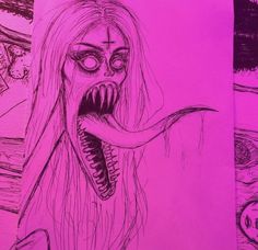 a drawing of a woman with her mouth open and teeth out, in front of pink background