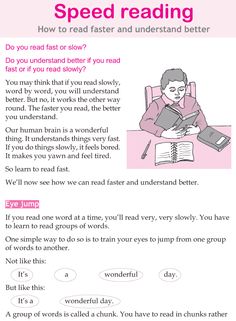 a pink poster with the words speed reading and an image of a person sitting at a desk